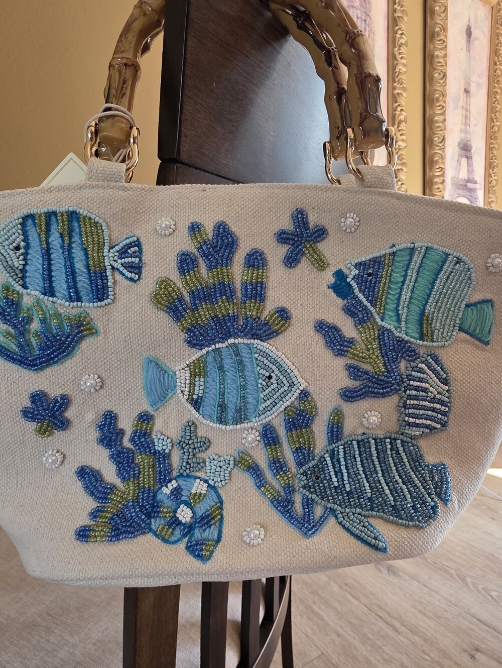 SOLE AND MER Beaded Embroidered Tote Bag with Shoulder Strap Fish Ocean NWT - Picture 5 of 11